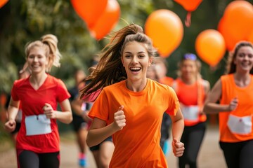 Group of enthusiastic runners in a fun race, wearing vibrant orange shirts, smiling and enjoying an outdoor event with balloons in the background.
