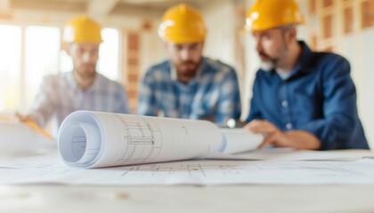 Construction workers examine blueprints together at a job site, showcasing teamwork and planning in a project environment.
