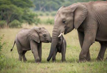  Baby elephant playing near its mother in a lush savanna. 