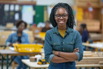A confident female carpenter in a woodworking studio symbolizes empowerment, craftsmanship, and job satisfaction, highlighting the value of skilled labor and dedication in an industrial setting