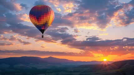Fototapeta premium A vibrant hot air balloon floats against a stunning sunset, illuminating the sky with colors over serene landscapes.