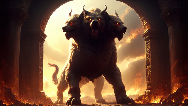 Cerberus, the three head guardian of the entrance to the underworld in Greek mythology. 
