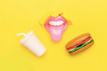 Playful Mouth, Hamburger, and Milkshake on Yellow Background - Whimsical Food Art