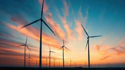 Wind turbines silhouetted against a vibrant sunset sky.