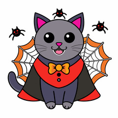 Vector illustration of a cute cat in a vampire costume with tiny fangs and festive elements like spiders and webs on a white background