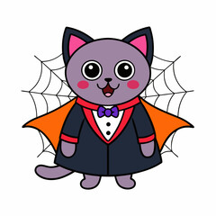 Vector illustration of a cute cat in a vampire costume with tiny fangs and festive elements like spiders and webs on a white background