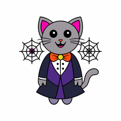 Vector illustration of a cute cat in a vampire costume with tiny fangs and festive elements like spiders and webs on a white background