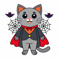 Vector illustration of a cute cat in a vampire costume with tiny fangs and festive elements like spiders and webs on a white background
