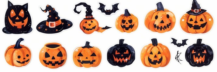 Obraz premium Vibrant Collection of Rhinestone Halloween Stickers Featuring Glittery Pumpkins, Bats, and Spiders on a Stark White Background