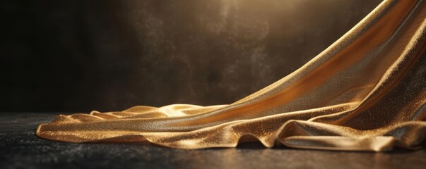 Golden fabric draped over dark background, elegant and luxurious.