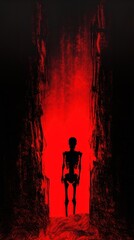 Fototapeta premium Silkscreen red fire skeleton silhouette adult black.