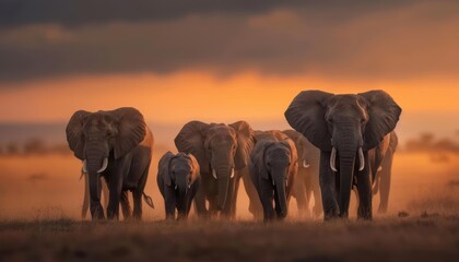 Fototapeta premium A herd of elephants walks through the African savanna at sunset.