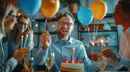 At a festive celebration, friends gather with colorful balloons, cake, and smiling faces. The lively party exudes cheer, creating a joyful atmosphere of laughter and fun for everyone present