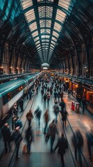 Obraz premium A busy train station with people rushing to catch trains