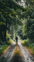 Fototapeta premium A cyclist rides on a serene forest path surrounded by lush greenery and tall trees, showcasing nature's beauty and tranquility.