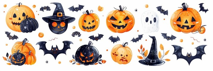 Fototapeta premium Vibrant Collection of Rhinestone Halloween Stickers Featuring Glittery Pumpkins, Bats, and Spiders on a Stark White Background