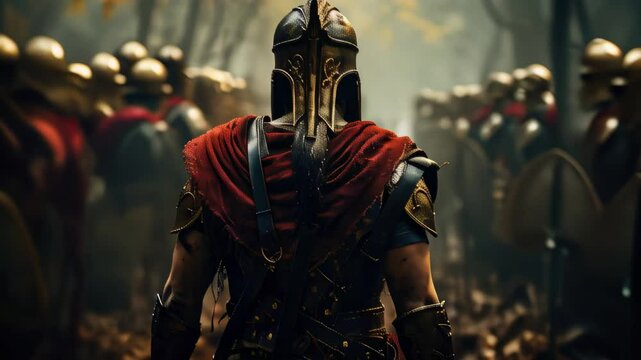Warrior leading army through forest