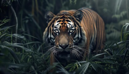 Fototapeta premium Close-up of a tiger's face peering through green foliage.