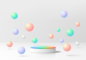 3D round product podium background with with colorful bounce sphere balls. Abstract composition in minimal design. 3D studio showroom product pedestal, Fashion showcase mockup scene. Banner cosmetic.