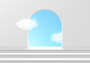 3D white stair product podium background with blue sky in arch gate. Abstract composition in minimalist design. Studio display showroom cosmetic product pedestal, Fashion stage showcase mockup scene.