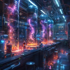 The laboratory of the future with glass tubes containing glowing liquids of different colors.