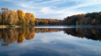 Serene autumn landscape with a still lake reflecting colorful trees.