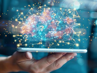 Hand holding a tablet with a cloud of question marks.
