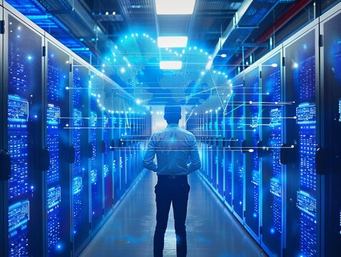 Man walking through server room with glowing world map.