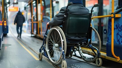 Obraz premium A person in a wheelchair waits by a bus stop, highlighting accessibility in public transportation for individuals with mobility challenges.