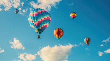 Naklejka premium Colorful hot air balloons soaring in a bright blue sky with fluffy clouds, creating a vibrant and joyful atmosphere.