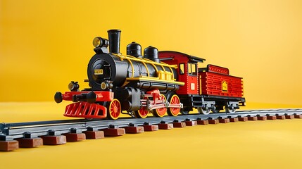 Fototapeta premium toy railroad with battery powered steam locomotives and railway track isolated on yelllow background