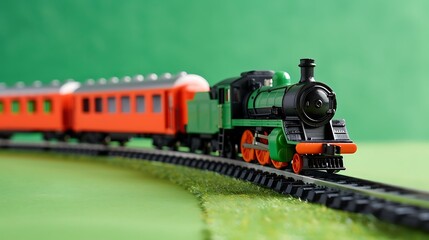 Obraz premium toy railroad with battery powered steam locomotives and railway track isolated on green background