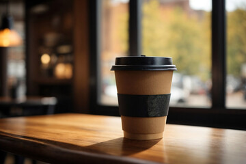 Mockup of Brown Paper Coffee Cup With Black Strip and black cup cover with different angle