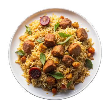 Soya chunks briyani on white plate top view isolated on transparent background