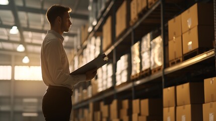 silhouette of a manager checking inventory in a cargo warehouse, digital clipboard, soft overhead light, side view, organized storage space