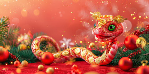 Fototapeta premium A festive snake adorned with golden and red decorations, surrounded by Christmas ornaments and evergreen branches, set against a warm red background with sparkles and bokeh lights.