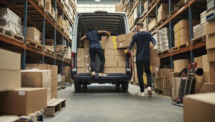 In a distribution center, teamwork and efficiency are shown as warehouse workers load packages into a delivery van, displaying logistics operations with precision and coordination