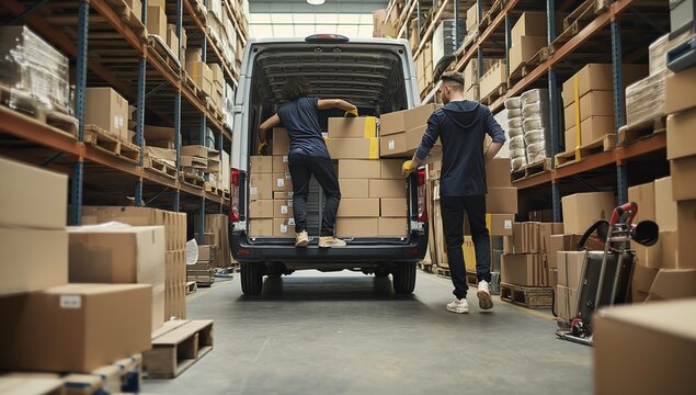 In a distribution center, teamwork and efficiency are shown as warehouse workers load packages into a delivery van, displaying logistics operations with precision and coordination