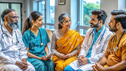 Patients discuss problems doctors Diverse origin in a hospital powder blue brown Indian
