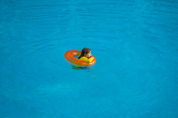 Summertime vacation. Kid with inflatable ring in swimming pool. Summer vacation. Summer holiday. Summertime kids weekend. Child in swiming pool. Kid floating in poolside.