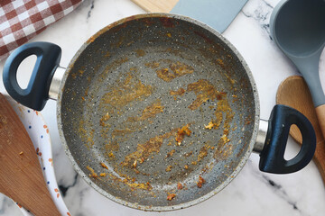 A Dirty Frying Pan top view 