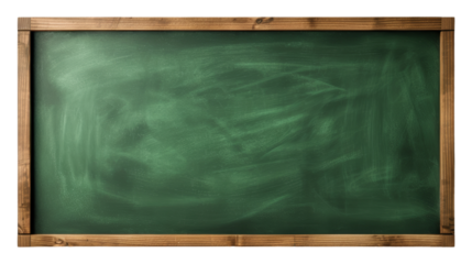 Empty green chalkboard with wooden frame and clean surface on transparent background clipart