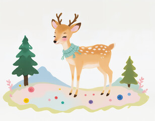 Naklejka premium Happyday)deer_in_winter_scene_with_christmas_trees Fairytale watercolour-style illustrations