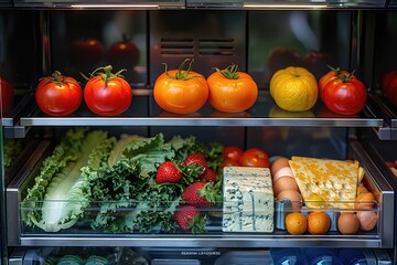 Refrigerator with healthy food. Tomatoes with oranges, cheese and eggs, herbs and milk as a set of vitamins for a healthy lifestyle.