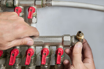 Water supply system distribution manifold installation, modular collector with shut-off valves.