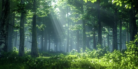 Obraz premium Morning sunlight streams through the trees in a lush and green forest.