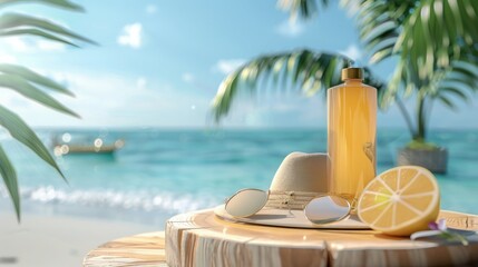 Obraz premium A wooden podium showcasing summer products such as sunglasses, sunscreen, and a beach hat, set against a backdrop of a sunny tropical beach.