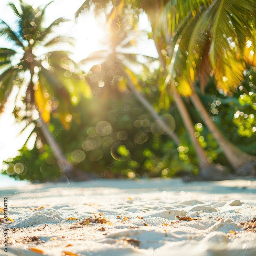 Poster a beautiful tropical beach with pristine white sand, lush palm trees, and sunlight creating a soft b