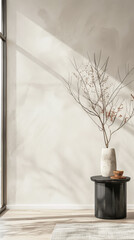 Luxury property interiors with minimal ornaments and furniture, neutral warm colors and copy space. Elegant apartment interiors composition.