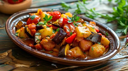 vegetable stew with potatoes eggplants tomatoes and peppers in an oval plate on a woody background --ar 16:9 --v 6.0 - Image #3 @Arslan Khan